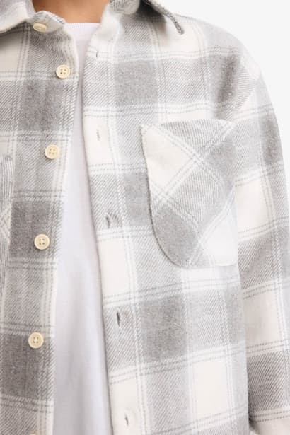 Boy Oversize Loose Fit Polo Neck Plaid Flannel Shirt (٤)