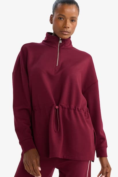 Long Fit Stand Collar Elastic Waist Half Zip-Up Sports Sweatshirt Sportswear