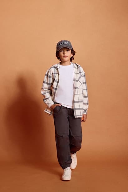 Boy Hooded Plaid Shirt Trousers 2 Piece Set