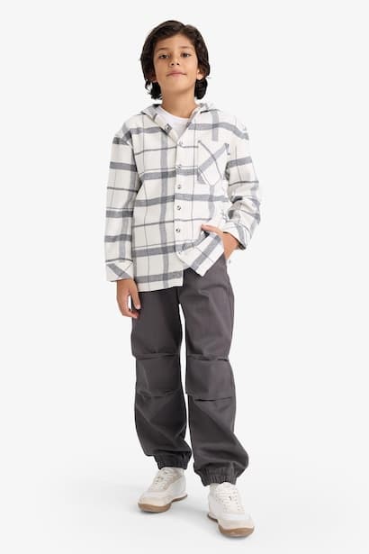 Boy Hooded Plaid Shirt Trousers 2 Piece Set (3)