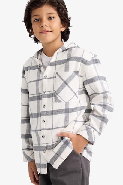 Boy Hooded Plaid Shirt Trousers 2 Piece Set (4)