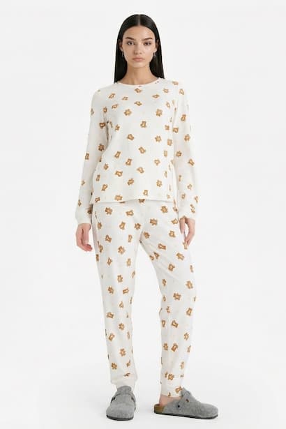 Regular Fit Teddy Bear Patterned Top Bottom 2 Piece Pyjamas Set Homewear Set