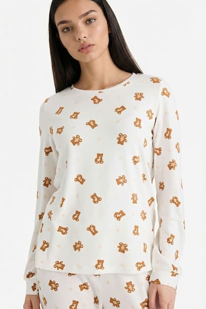 Regular Fit Teddy Bear Patterned Top Bottom 2 Piece Pyjamas Set Homewear Set (٣)