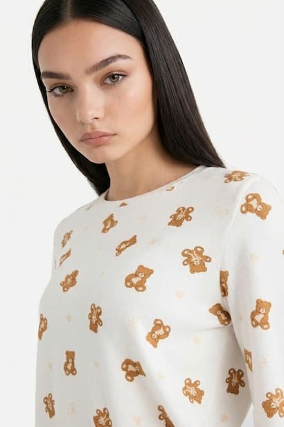 Regular Fit Teddy Bear Patterned Top Bottom 2 Piece Pyjamas Set Homewear Set (٤)