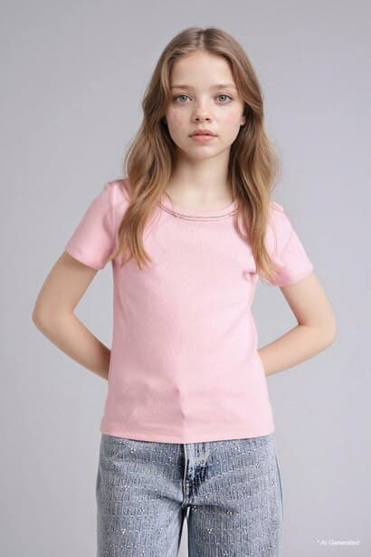 Girl Boat Neck Ribbed Short Sleeve T-Shirt (3)