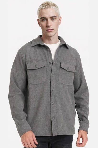 Regular Fit Long Sleeve Wool Look Shirt