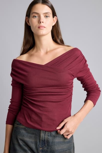 Slim Fit Wrap Collar Ribana Long Sleeve T-Shirt