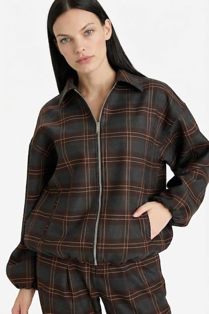 Plaid Polo Collar Zip-Up Jacket