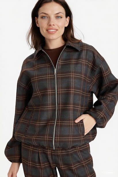 Plaid Polo Collar Zip-Up Jacket (3)