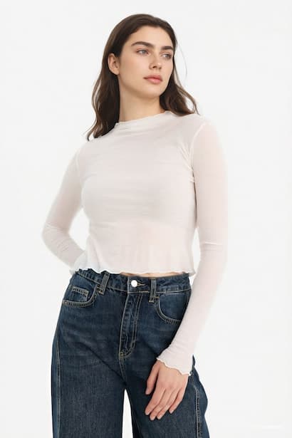 Fitted Long Sleeves Half Turtle Neck T-Shirt (٣)