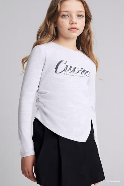 Girl Crew Neck Slogan Print Ribbed T-Shirt