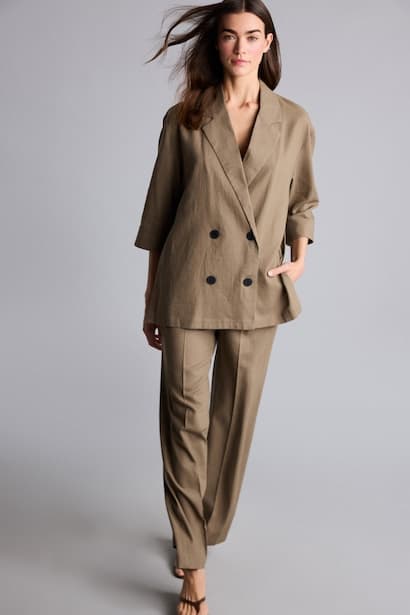 Wide Leg Regular Hem Zipper Striped Linen Blended Trousers