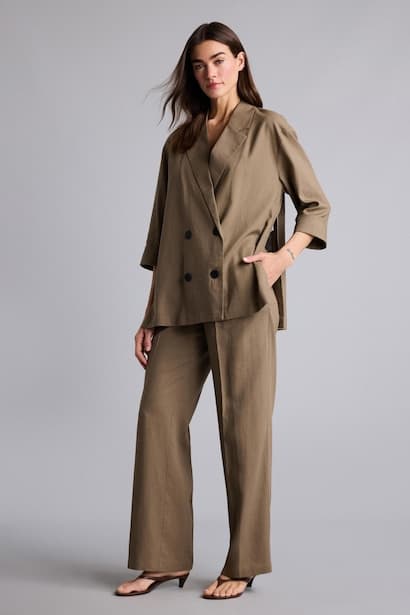 Wide Leg Regular Hem Zipper Striped Linen Blended Trousers (٣)