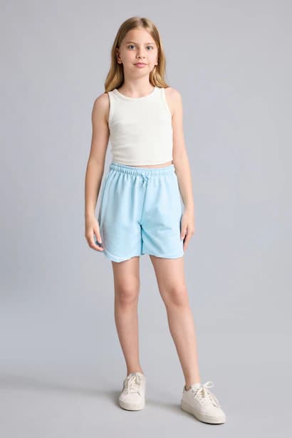 Girl Elastic Drawstring Waist Light Blue Shorts