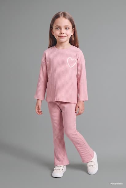 Baby Girl Heart Patterned Ribbed Camisole 2 Piece Set