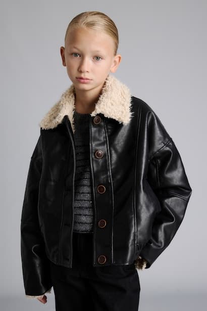 Girl Polo Collar Faux Leather Jacket Plush Lining