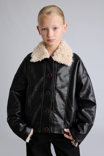 Girl Polo Collar Faux Leather Jacket Plush Lining (3)