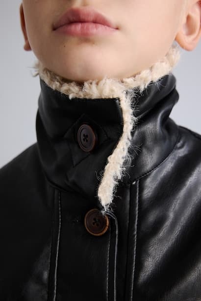 Girl Polo Collar Faux Leather Jacket Plush Lining (4)