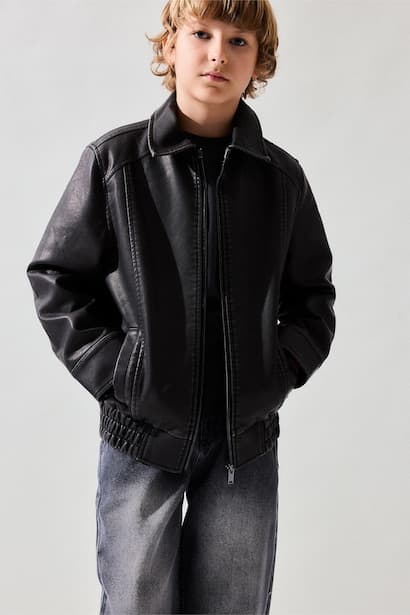Boy Polo Collar Taffeta Faux Leather Look Jacket Coat