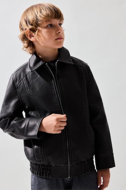 Boy Polo Collar Taffeta Faux Leather Look Jacket Coat (٣)
