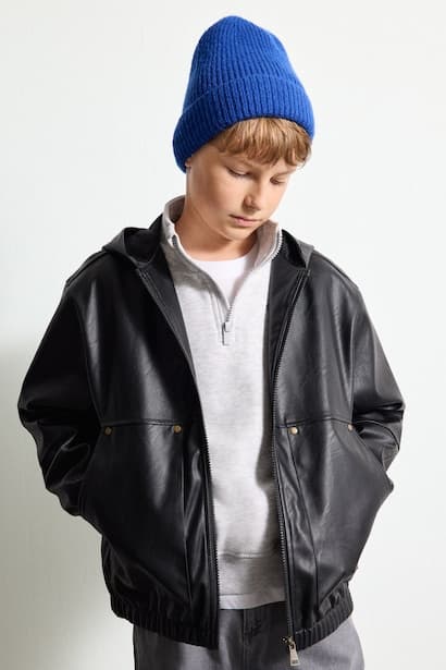Boy Hooded Faux Leather Jacket Coat