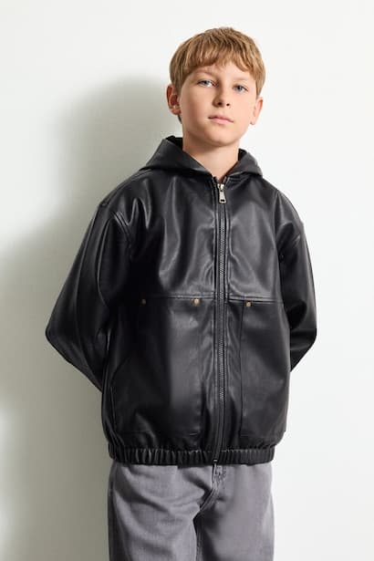 Boy Hooded Faux Leather Jacket Coat (٣)