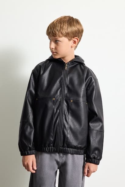 Boy Hooded Faux Leather Jacket Coat (٤)