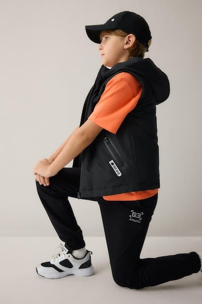 Boy Black Hooded Zip-Up Vest