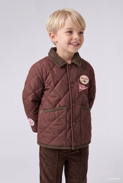 Baby Boy Windproof Quilted Coat Patch Detail Jacket