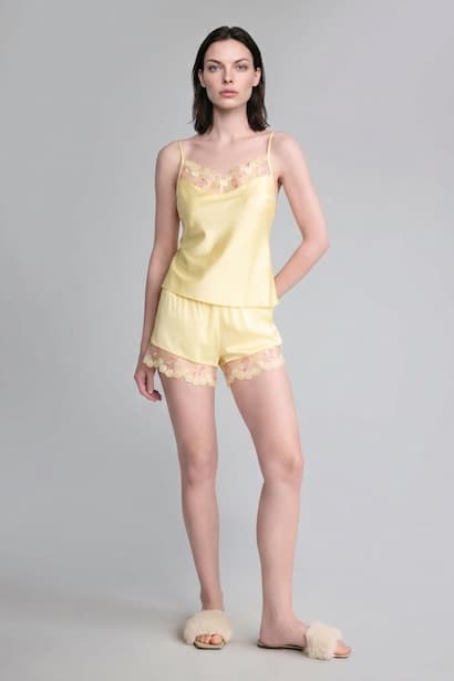 Regular Fit Strappy Tulle Detail 2 Piece Satin Pyjama Set Homewear Set
