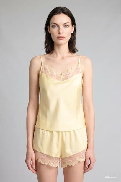 Regular Fit Strappy Tulle Detail 2 Piece Satin Pyjama Set Homewear Set (٣)