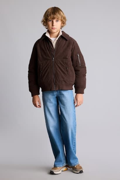 Boy Velvet Pockets Zip-Up Bomber Jacket