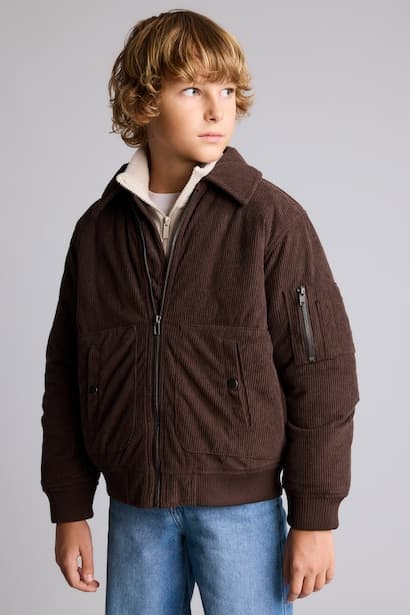 Boy Velvet Pockets Zip-Up Bomber Jacket Coat (٣)