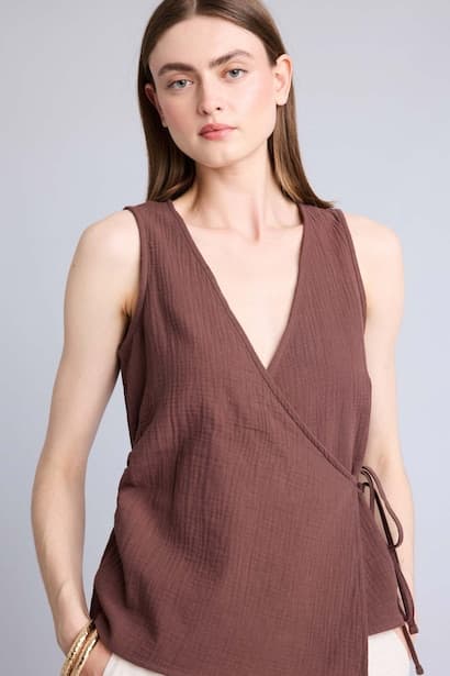 Fitted Wrap Neck Muslin Sleeveless Top