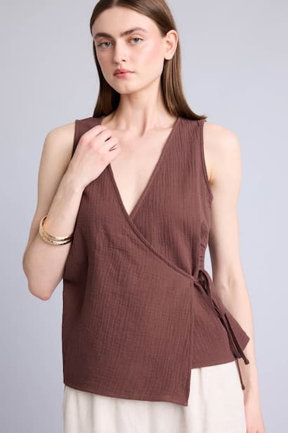 Fitted Wrap Neck Muslin Sleeveless Top (3)