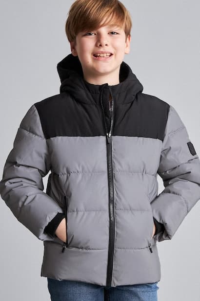 Boy Waterproof Hooded Faux Leather Zip-Up Puffer Jacket Coat