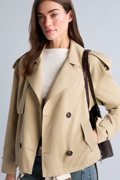 Regular Fit Water-Repellent Belt Double-Breasted Cropped Twill Trench Coat Trenchcoat