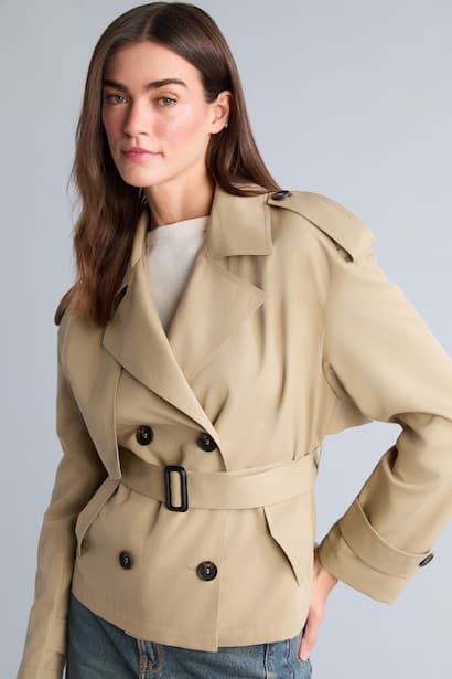 Regular Fit Water-Repellent Belt Double-Breasted Cropped Twill Trench Coat Trenchcoat (٣)