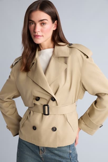 Regular Fit Water-Repellent Belt Double-Breasted Cropped Twill Trench Coat Trenchcoat (٤)