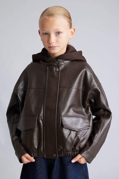 Girl Faux Leather Look Hooded Jacket Coat