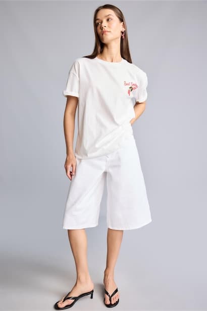 Normal Waist Gabardine White Bermuda Shorts