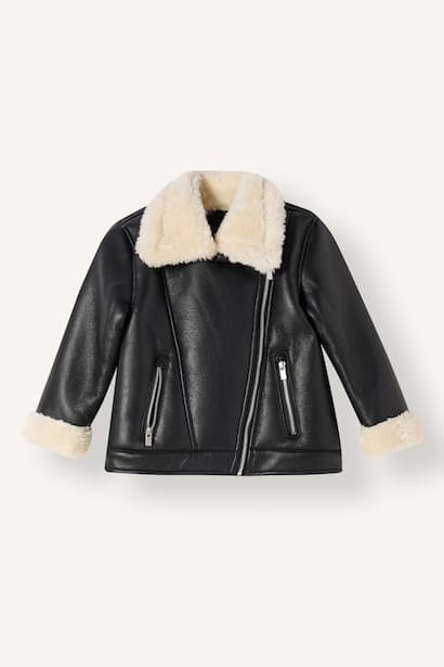 Baby Girl Oversize Fit Faux Fur Lined Faux Leather Jacket Coat