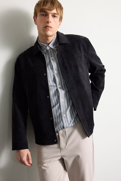 Suede Look Regular Fit Shirt Collar Jacket Leather  Jacket