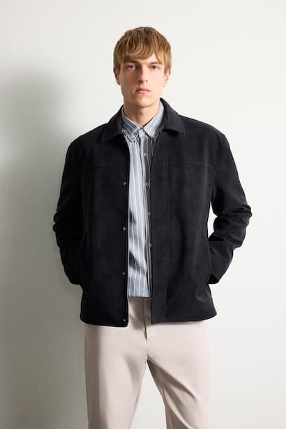 Suede Look Regular Fit Shirt Collar Jacket Leather  Jacket (٣)