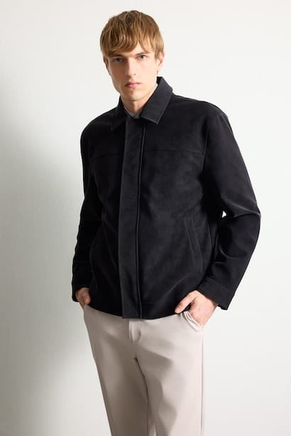 Suede Look Regular Fit Shirt Collar Jacket Leather  Jacket (٤)