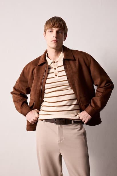 Regular Fit Ultra Soft Suede Contrast Collar Zip-Up Jacket