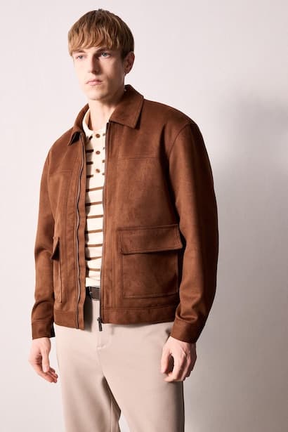 Regular Fit Ultra Soft Suede Contrast Collar Zip-Up Jacket (4)