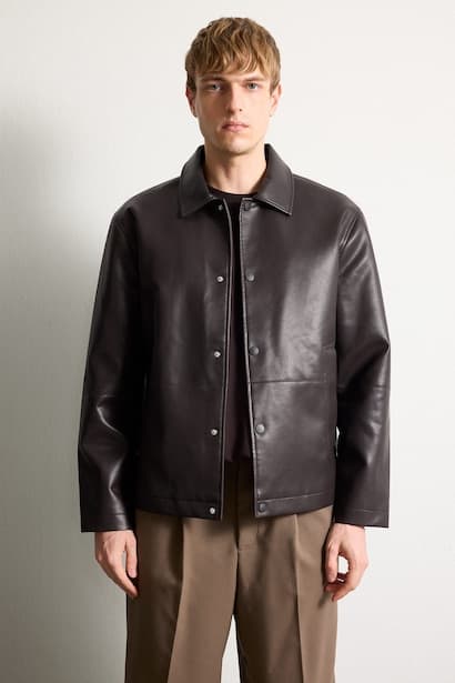 Snap Polo Collar Faux Leather Jacket