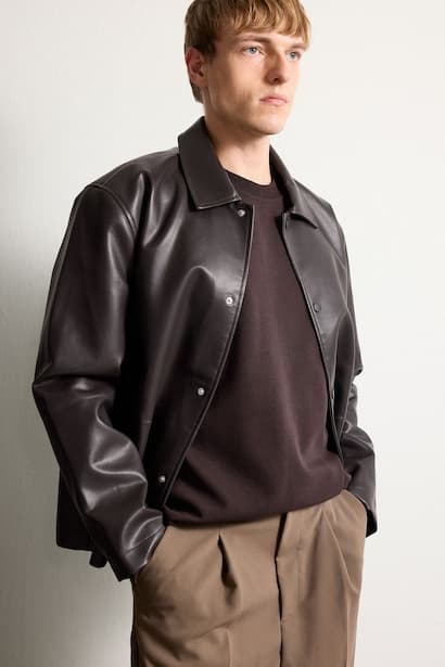 Snap Polo Collar Faux Leather Jacket (3)