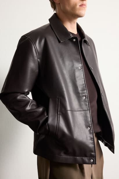 Snap Polo Collar Faux Leather Jacket (4)